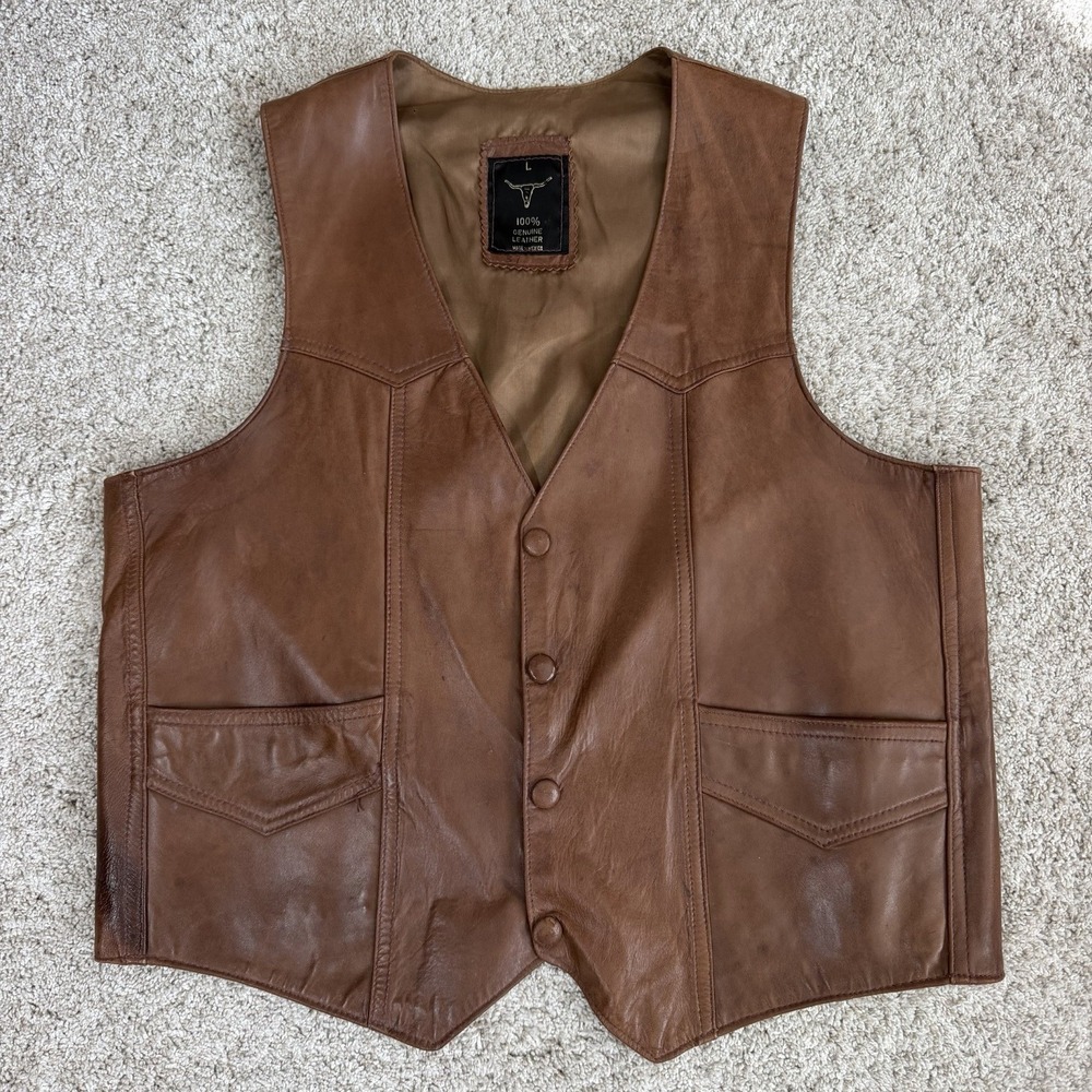 Vintage Mens Genuine Leather Western Vest Brown Button Front Size L Mexico